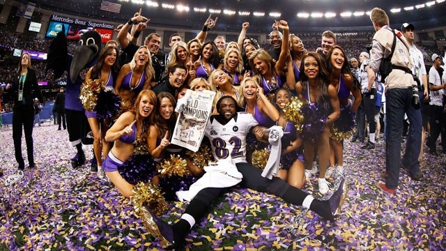 PHOTO: Torrey Smith #82 of the Baltimore Ravens celebrates with the Ravens cheerleaders following their win against the San Francisco 49ers during Super Bowl XLVII at the Mercedes-Benz Superdome on February 3, 2013 in New Orleans, Louisiana.The Ravens def