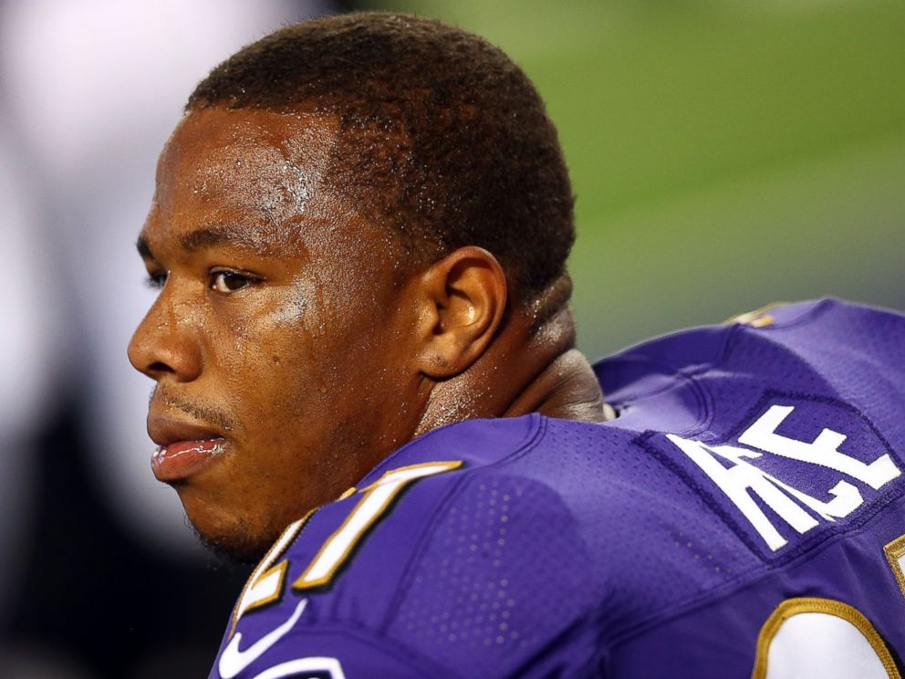 PHOTO: Ray Rice #27 of the Baltimore Ravens sits on the bench against the Dallas Cowboys in the first half of their preseason game at AT&T Stadium on Aug. 16, 2014 in Arlington, Texas.