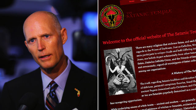 PHOTO: Florida Governor Rick Scott speaks to the media after touring the manufacturing facility at Beckman Coulter, Jan. 10, 2013 in Miami. A screenshot of the official website for the Satanic Temple is shown.