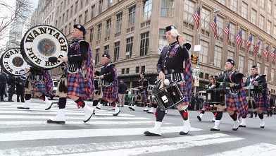 PHOTO: Members of the Wantagh Pipe Band march up Fifth Avenue at the 251st annual St. Patrick's Day parade on March 17, 2012 in New York.