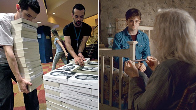 PHOTO: Bookshop employees pile up copies of a biography of the late "Apple" co-founder Steve Jobs, left, and Harry Potter, Ollivander in Warner Bros. Pictures "HARRY POTTER AND THE DEATHLY HALLOWS- Part 2."