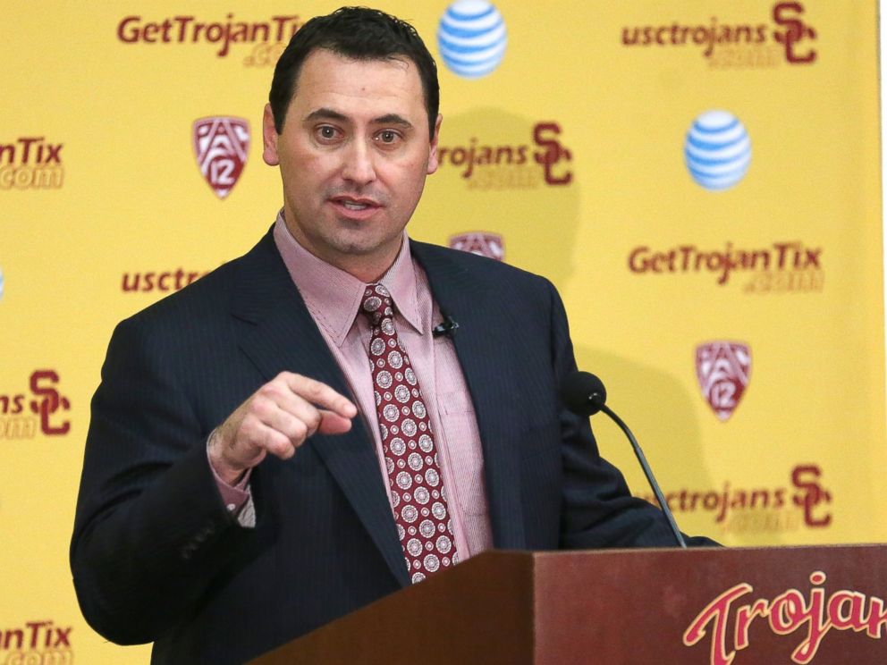 PHOTO: Steve Sarkisian speaks at a press conference at the John McKay Center at the University of Southern California on Dec. 3, 2013 in Los Angeles, Calif.