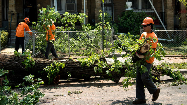 PHOTO: A crew clears a fallen tree from row homes, July 1, 2012 in Washington, DC.