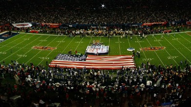 PHOTO: A flag is seen on the field prior to Super Bowl XLIV, Feb. 7, 2010 at Sun Life Stadium in Miami Gardens, Florida.