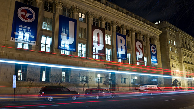PHOTO: Cars drive past U.S. Chamber of Commerce building