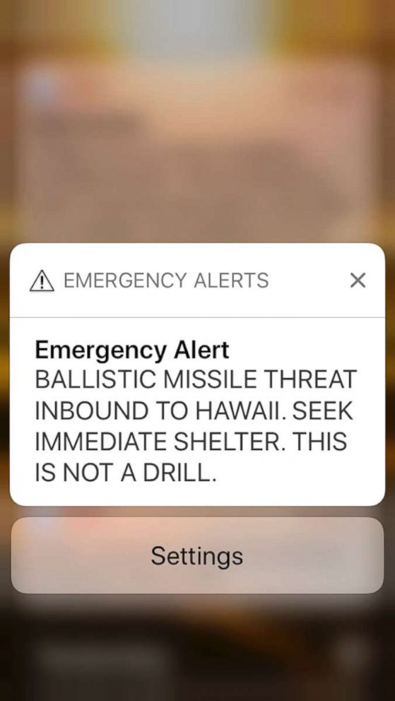 PHOTO: This smartphone screen capture shows a false incoming ballistic missile emergency alert sent from the Hawaii Emergency Management Agency system on Jan. 13, 2018.