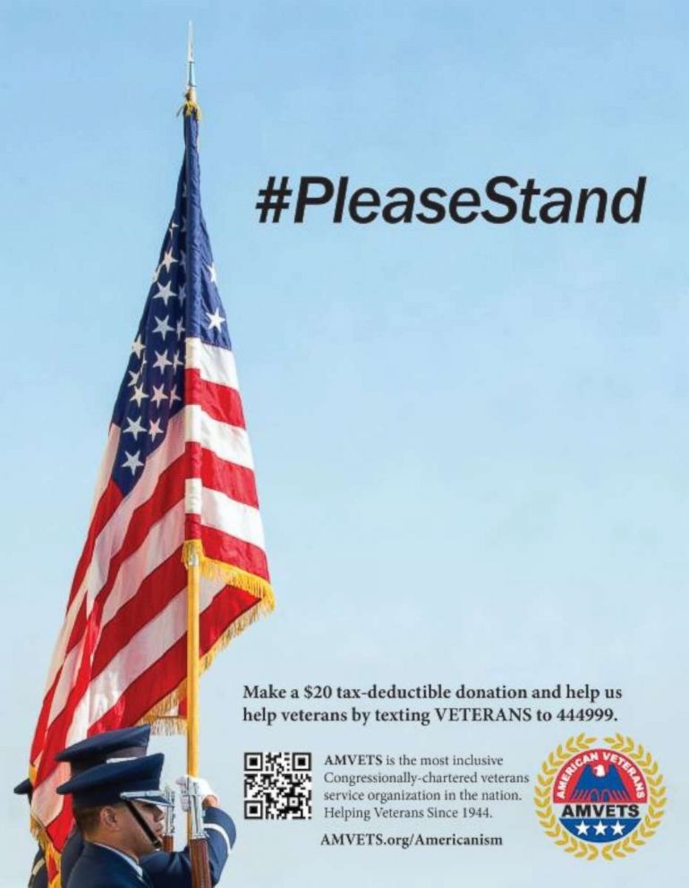 AMVETS says their ad for the Super Bowl program was rejected due to the #PleaseStand hashtag.