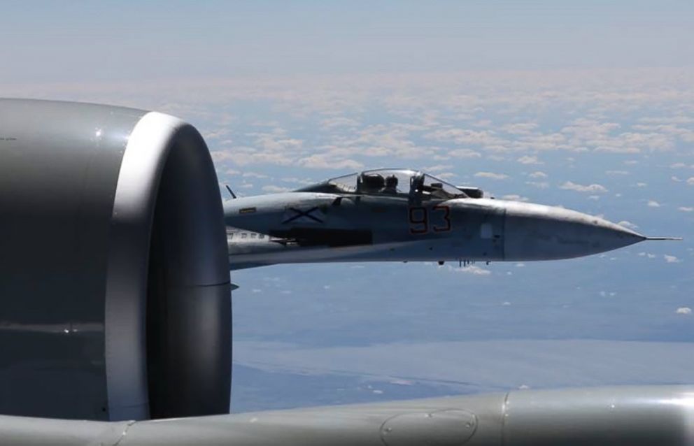 PHOTO: A Russian SU-27 Flanker fighter flies as close as five feet from a RC-135 U.S. Air Force reconnaissance aircraft which was flying in international airspace over the Baltic Sea, June 19, 2017.