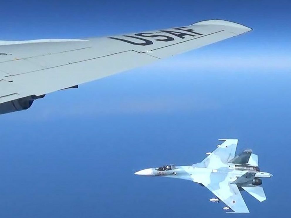 PHOTO: A Russian SU-27 Flanker fighter flies as close as five feet from a RC-135 U.S. Air Force reconnaissance aircraft which was flying in international airspace over the Baltic Sea, June 19, 2017.