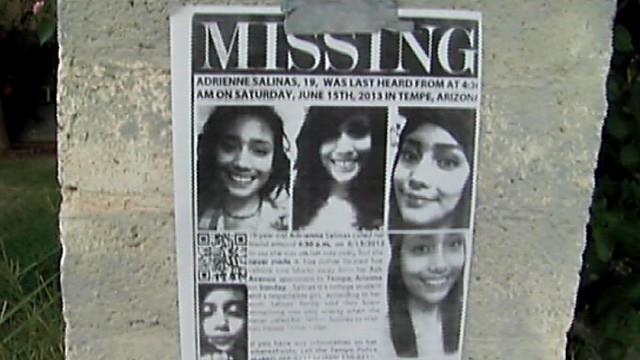 PHOTO: A missing person poster for Adrienne Salinas, who disappeared during a night on drinking in Tempe, Ariz. on June 15, 2013.
