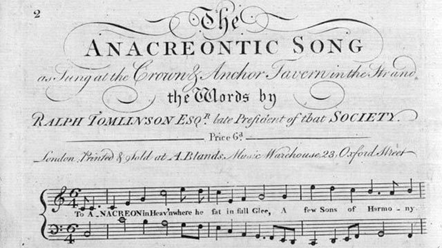 PHOTO: The melody Francis Scott Key used for his star spangled banner song was the popular English tune known as "To Anacreon in Heaven", heard in the anacreontic song.