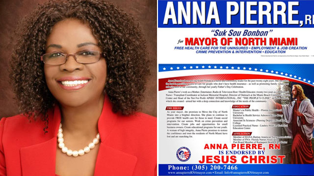 PHOTO: North Miami mayoral candidate Anna Pierre, left, and one of her campaign flyers, right.