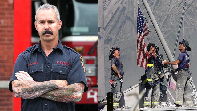 PHOTO: Firefighter Bill Eisengrein of Rescue Company 2 in Brooklyn, New York, is shown, Aug., 2011, left, and raising an American flag out of debris, in this Sept. 11, 2001 file photo, far-right.