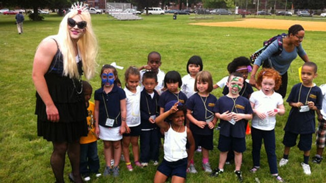 PHOTO: Principal Justin Vernon, dressed as Lady Gaga, poses with students from the Roger Clap Innovation School.