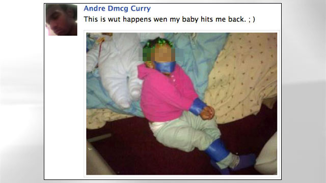 PHOTO: Chicago Police are investigating a Facebook photo posted by Andre Curry, 21, of his daughter apparently bound with tape, under the title "This is wut happens wen my baby hits me back ;)"
