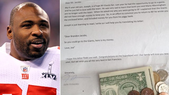 PHOTO: Brandon Jacobs tweeted a photo of this letter from Joe and Julie Armento.