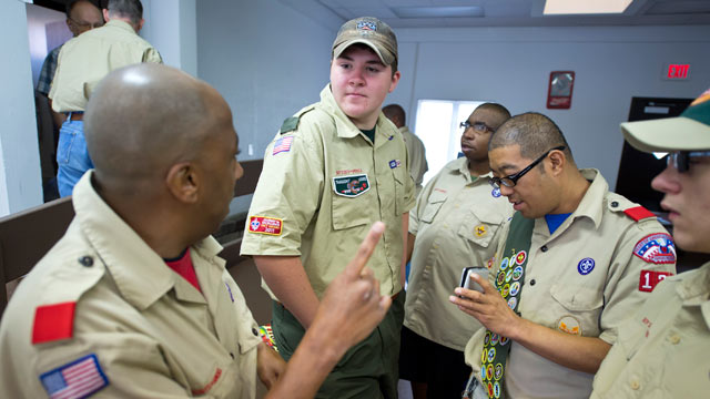 PHOTO: Curry McWilliams, center, of Leavenworth, briefed members of Troop 133 on camping procedures prior to a five-day field trip to Camp Nash. McWilliams, an Eagle Scout in 2008, earned all 132 merit badges a Boy Scout can earn.