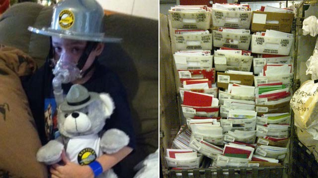 PHOTO: Twelve U.S. Mail all-purpose containers were filled for delivery to Dalton Dingus on Christmas Eve. Dalton, 9, is a Kentucky boy dying of cystic fibrosis. His wish is to set a Guinness record for most Christmas cards.