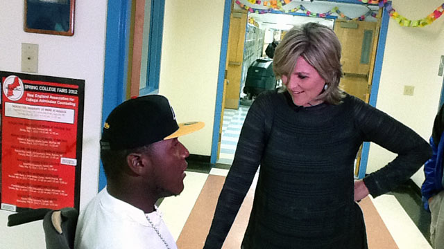 PHOTO: "Nightline" anchor Cynthia McFadden talks with Darius Weems during his "Believe" tour in South China, Maine.