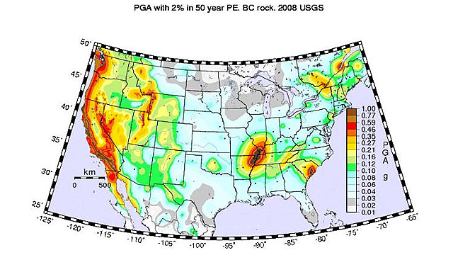PHOTO: Seen here is a map that shows probability of peak ground acceleration for earthquakes in the continental U.S.