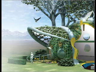 Graphic rendering of the Fab Tree Hab, a home  that can be grown from living trees, designed by Brooklyn collective Terreform 1.
