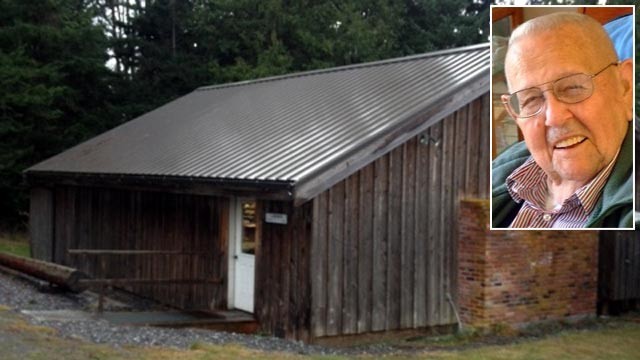 PHOTO: Fred Leatherwood, inset, on his 87th birthday, and the shack where he held his several-week-long "Hunters Safety" school.