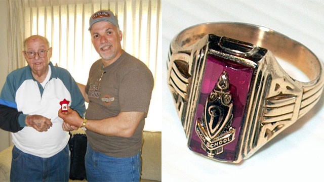 PHOTO: Dunsmuir city worker Tony Congi, DHS alumni Class of ?76, reunites Jesse Taylor Mattos, Class of ?38, with the DHS class ring he lost 72 years ago.