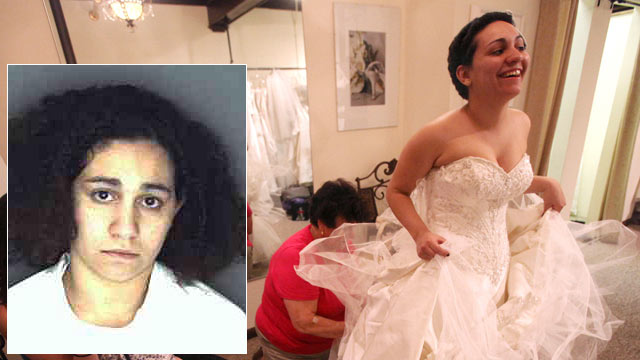PHOTO: Jessica Vega is fitted for her wedding gown in this undated file photo. Jessica Vega, inset, is seen in her undated booking photo.