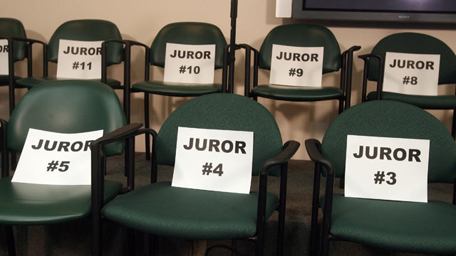 PHOTO: The empty juror chairs in the media room after the jury found Casey Anthony not guilty in her 1st-degree murder trial, at the Orange County Courthouse, in Orlando, Fla., July 5, 2011.
