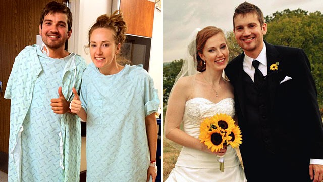 PHOTO: Jonathan and Caitlin Woodlief doing well after transplant surgery, left, and Jonathan and Caitlin's wedding in October.