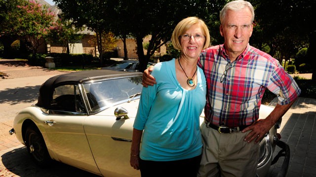 PHOTO: Bob Russell, right, and his wife Cyndy, pose outside their Southlake, Texas home, June 28, 2012, with the with the 1967 Austin Healy that was stolen from him more than 40 years ago.