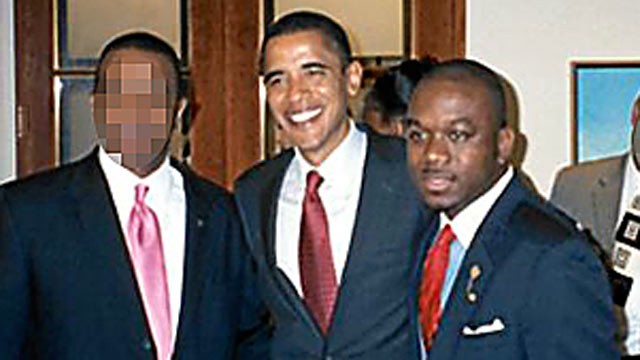 PHOTO: Marco McMillian, right, poses in an undated photo with Barack Obama that appeared on McMillian's professional website where he announced his run for mayor of Clarksdale, Miss.