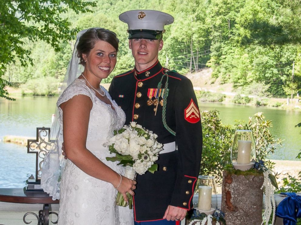 PHOTO: U.S. Marine Cpl. Caleb Earwood poses with his bride-to-be Maggie in Asheville, North Carolina.