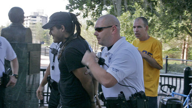 PHOTO: On April 4, 2007 Food Not Bombs volunteer Eric Montanez was arrested by police.