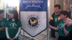 PHOTO: A group of parents from Newtown, Conn. is running the Boston Marathon on April 15, 2013 in memory of the 26 people killed in the mass shooting in Connecticut in December. Laura Nowacki (far right) says ?We?re all parents. We?re Sandy Hook parents.