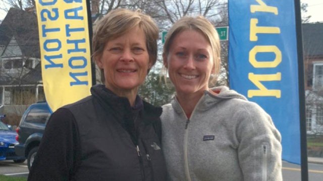 PHOTO: Carol Downing and her daughter Nicole Gross, at the start of the Boston Marathon. Gross was injured in the blast.
