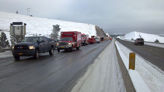 PHOTO: At least five people died after a passenger bus slid off the ice on Interstate 84 and crashed 200 feet down an embankment Sunday morning, Dec. 30, 2012 in Pendleton, Oregon, police said.