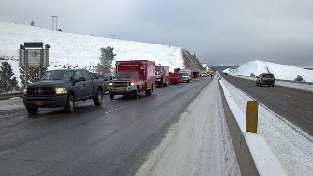 PHOTO: At least five people died after a passenger bus slid off the ice on Interstate 84 and crashed 200 feet down an embankment Sunday morning, Dec. 30, 2012 in Pendleton, Oregon, police said.