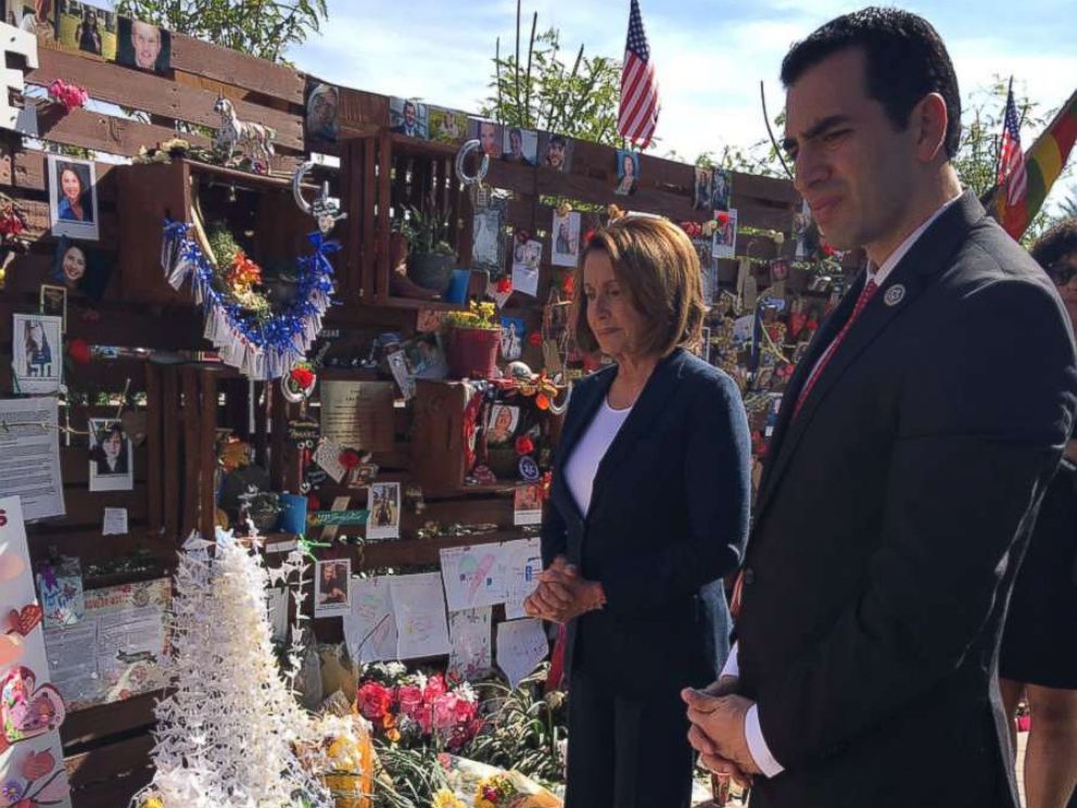 PHOTO: Rep. Ruben Kihuen, D-Nevada, and House Minority Leader Nancy Pelosi at the Las Vegas Community Healing Garden on October 17, 2017.