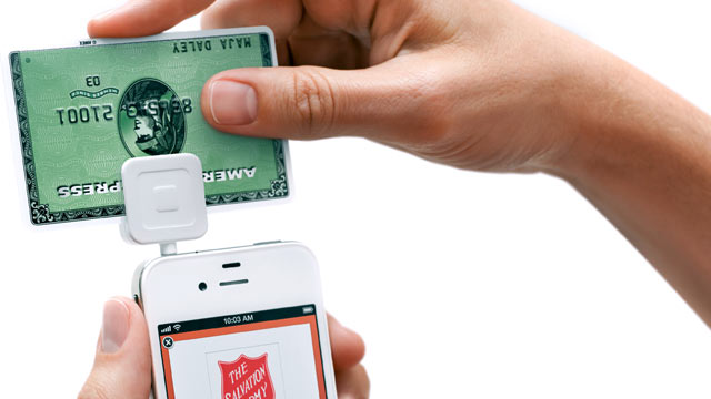 PHOTO: Salvation Army bell ringers in select cities will be using a postage-stamp size device called "Square," to accept credit card donations.