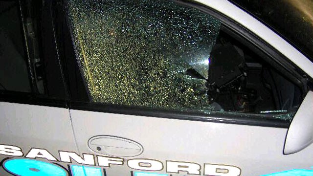 PHOTO: A Sanford Police vehicle was shot several times while it was parked in the parking lot of Bentley Elementary School as a visible deterrent in Sanford, Fl.