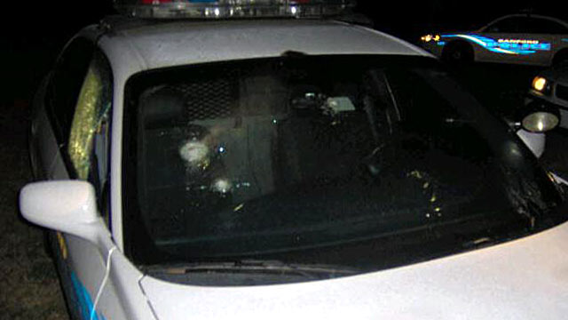 PHOTO: A Sanford Police vehicle was shot several times while it was parked in the parking lot of Bentley Elementary School as a visible deterrent in Sanford, Fl.