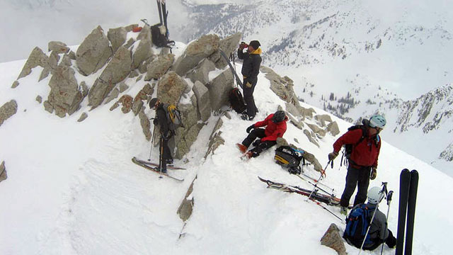 PHOTO: Skiers are shown on the side of the Pfeifferhorn in Utahs Wasatch Mountains. Jewel Lund, at left, is headed down the canyon chute.