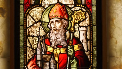 PHOTO: A stained glass window of Saint Patrick in Oakland, Calif.