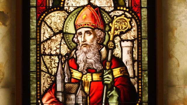 PHOTO: A stained glass window of Saint Patrick in Oakland, Calif.