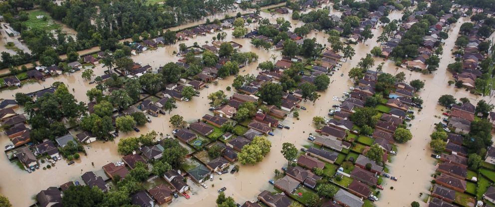 PHOTO: Residential neighborhoods near the Interstate 10 sit in floodwater in the wake of Hurricane Harvey in Houston, Aug. 29, 2017.