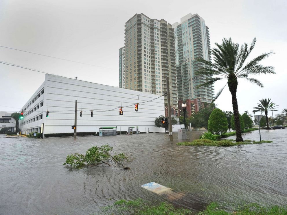 PHOTO: Street flooding is prevalent on the Southbank of downtown as Hurricane Irma passes by in Jacksonville, Fla., Sept. 11, 2017. 