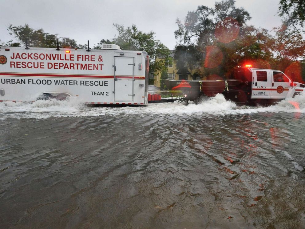 PHOTO: Urban Flood Water Rescue Team 2, with the Jacksonville Fire and Rescue Department, makes its way along San Marco Boulevard on the Southbank of downtown as Hurricane Irma passes by, Sept. 11, 2017, in Jacksonville, Fla. 
