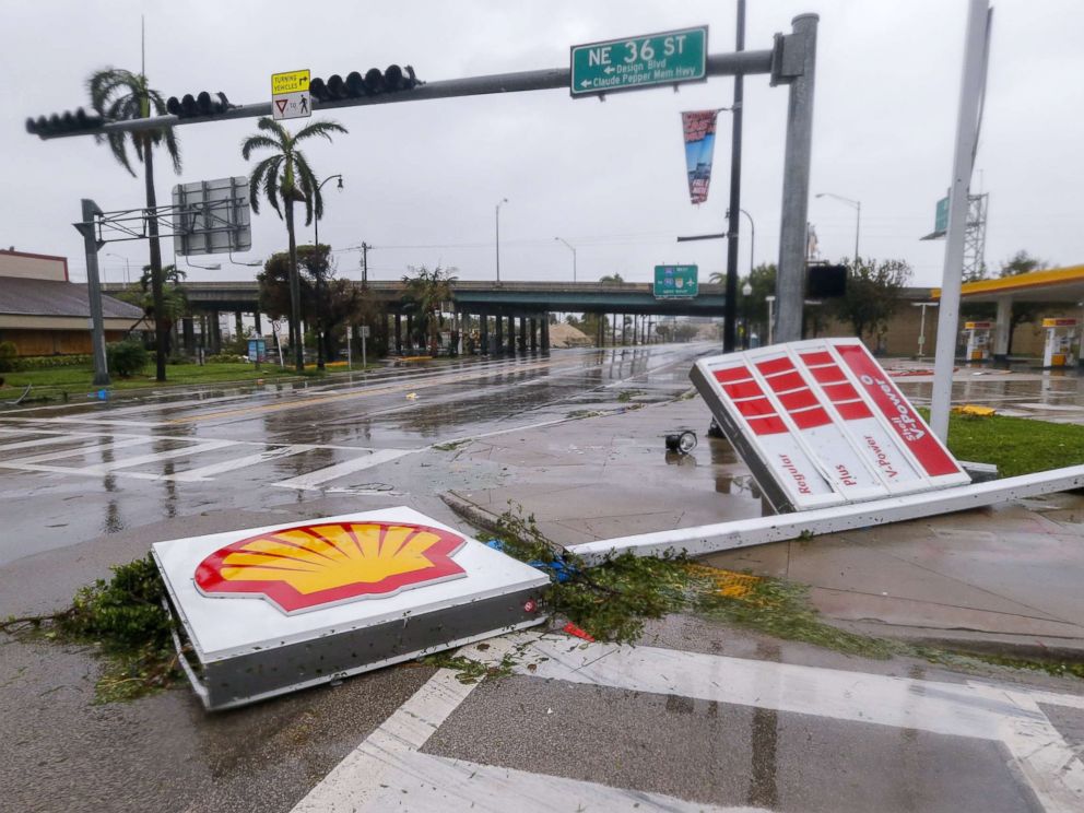 PHOTO: A gas station sign lies along Biscayne Boulevard after Hurricane Irma struck in Miami, Sept. 10, 2017.