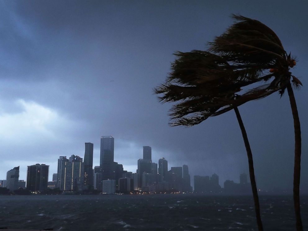 PHOTO: The Miami skyline is seen as the outerbands of Hurricane Irma reach Florida, Sept. 9, 2017. 